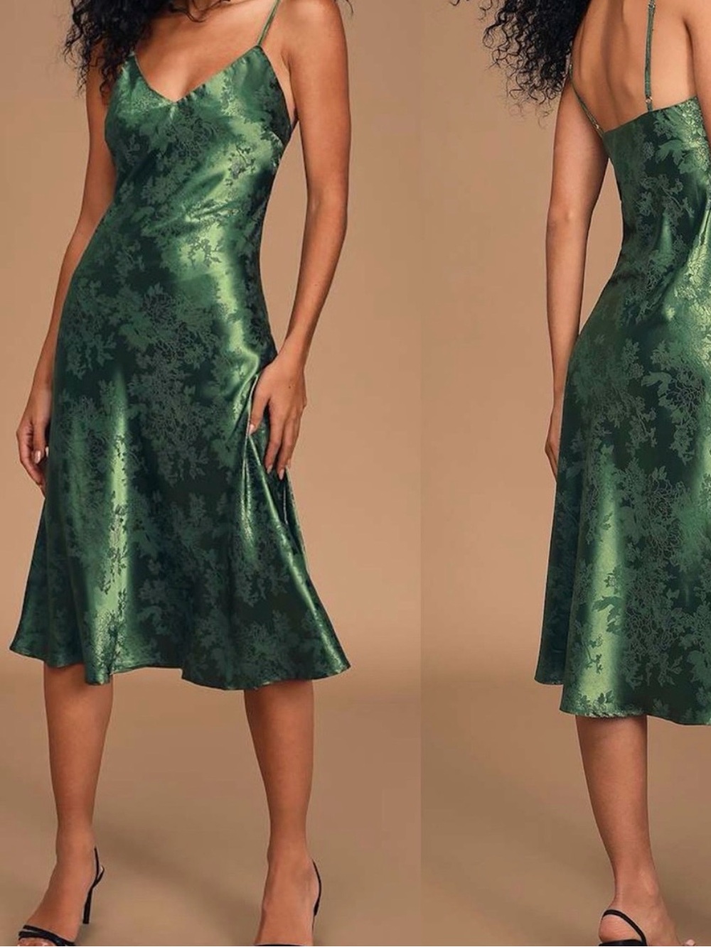 Lulus | Calla Love Forest Green Jacquard Satin Slip Midi Dress